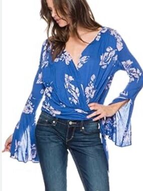Free People Women’s Fiona Cobalt Floral Wrap Blouse with Bell Sleeves